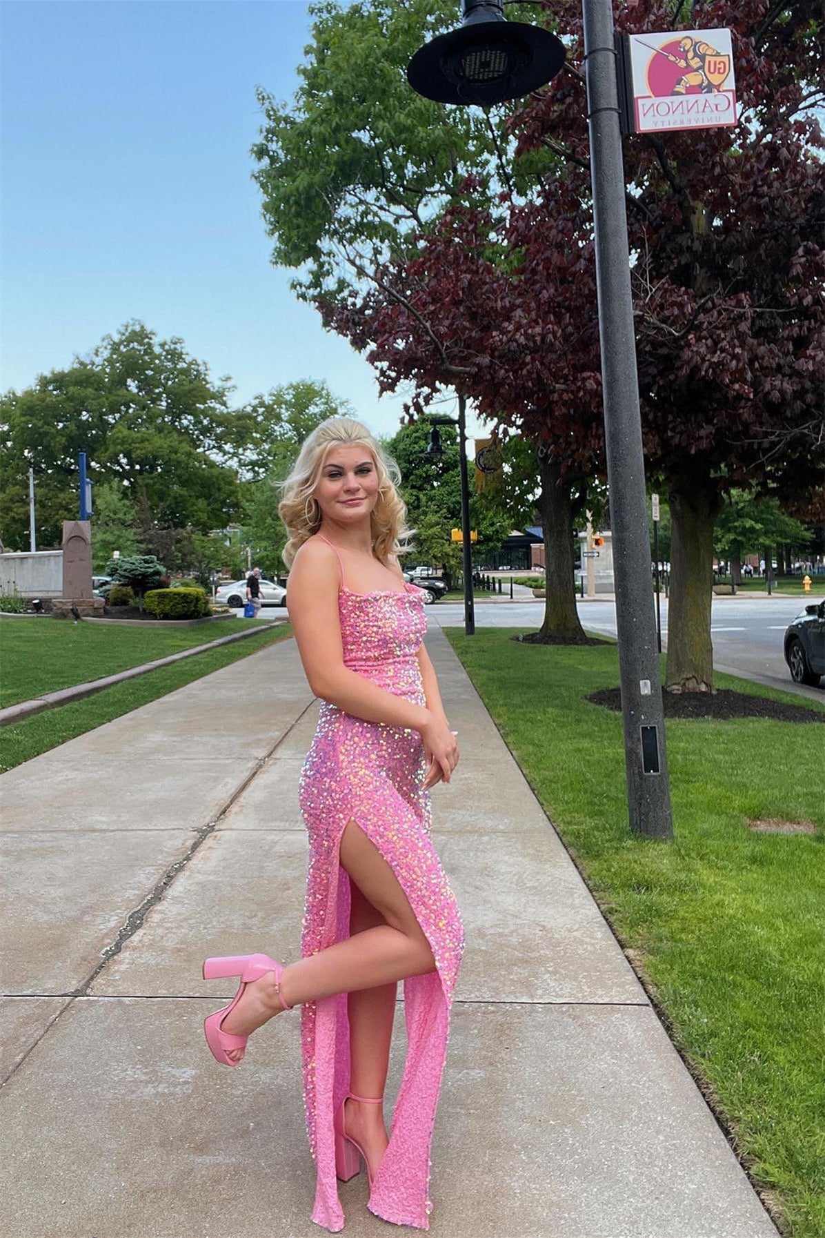 Cowl Neck Pink Sequin Mermaid Long Formal Dress with Slit