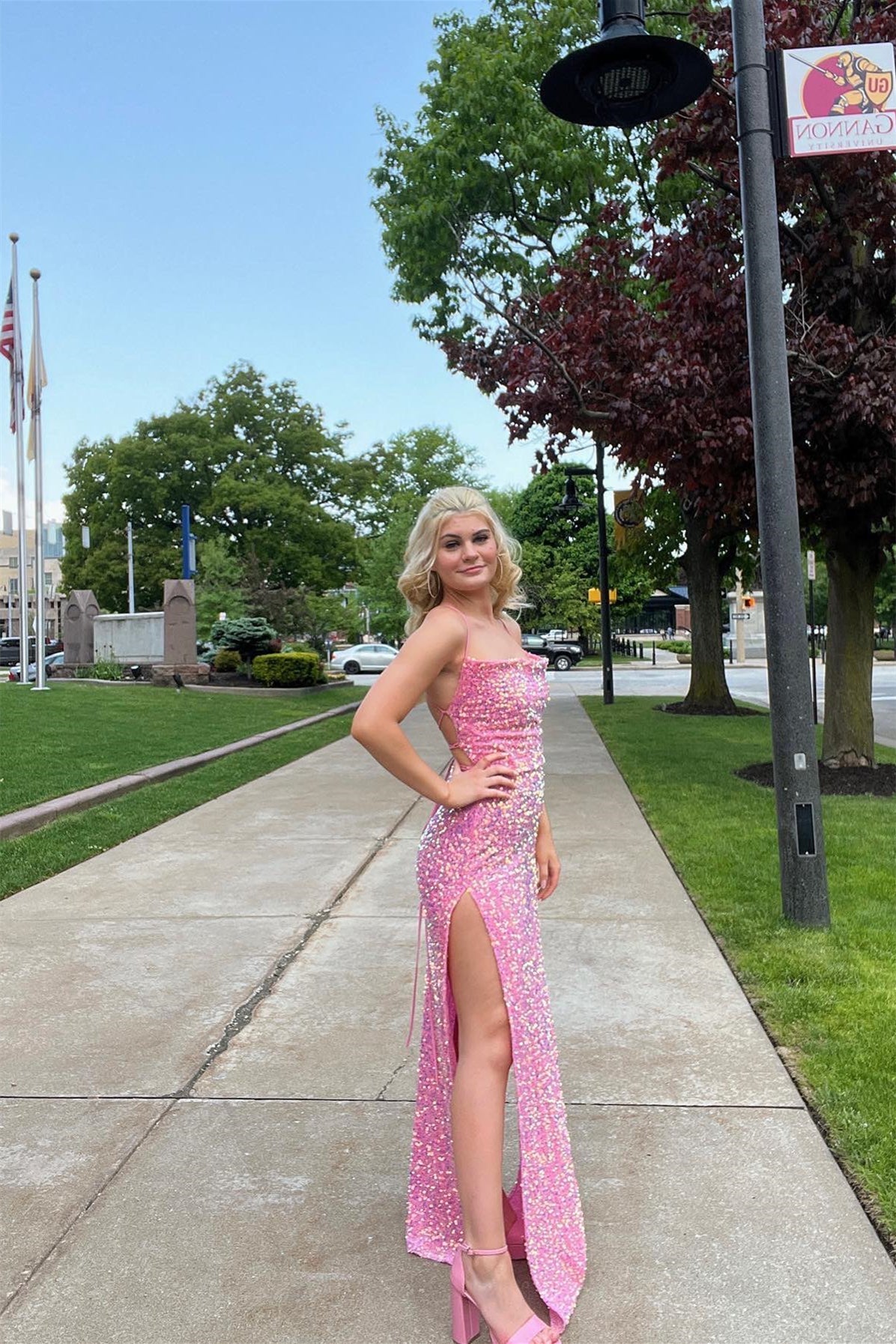 Cowl Neck Pink Sequin Mermaid Long Formal Dress with Slit