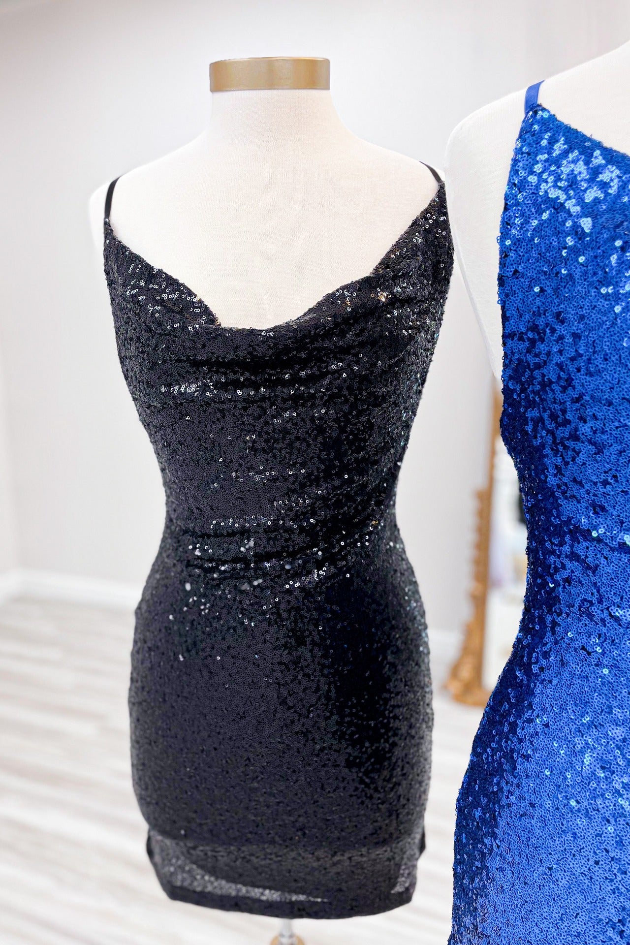 Cowl Neck Royal Blue Sequin Tight Mini Dress