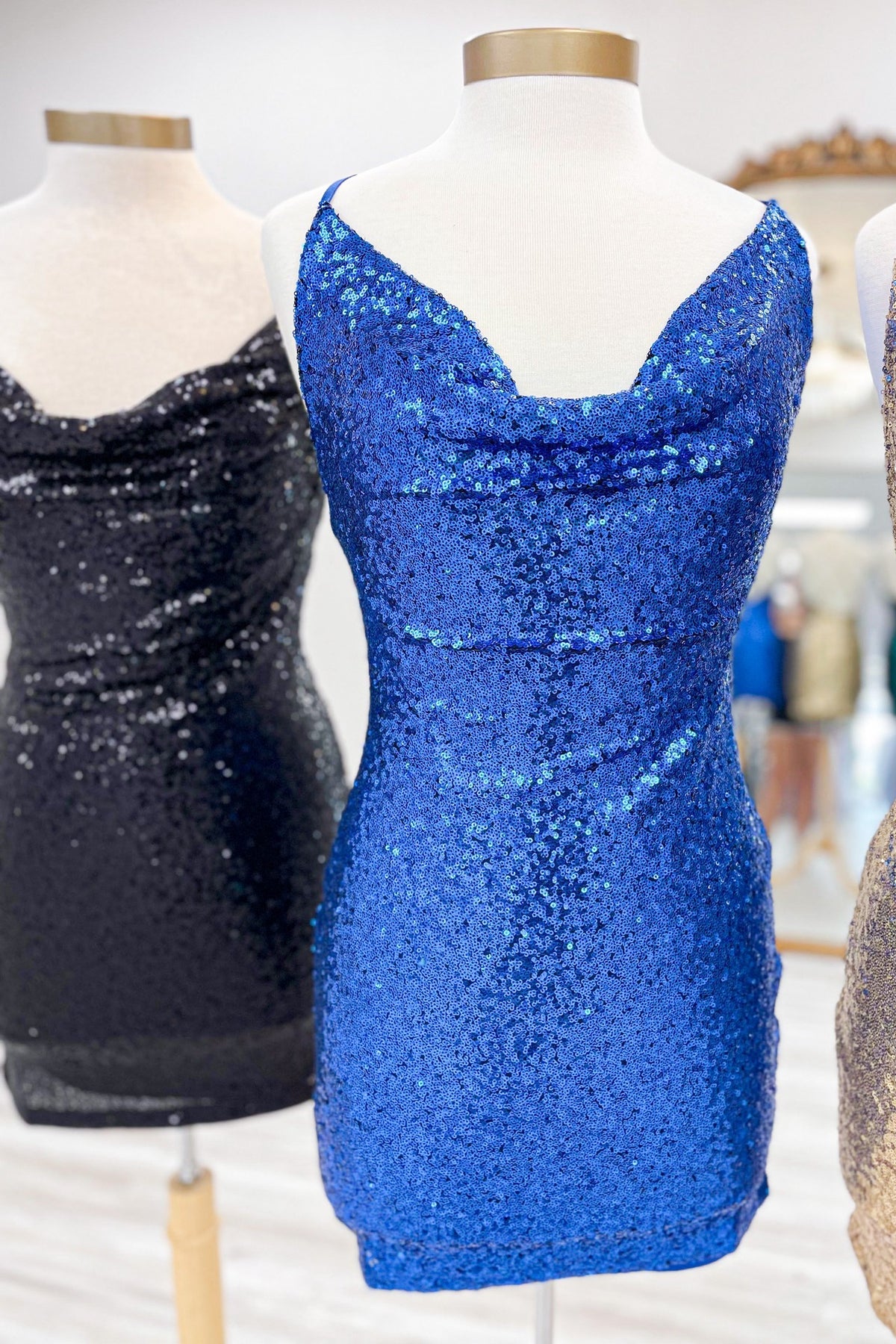Cowl Neck Royal Blue Sequin Tight Mini Dress