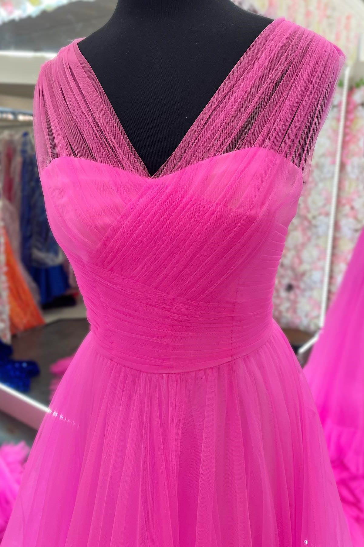 Cross Front Hot Pink Tulle A-line Long Prom Dress