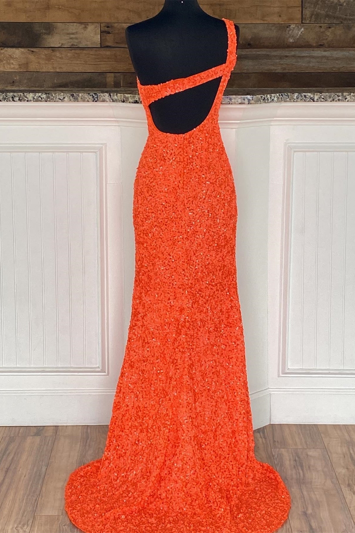 Cross One Shoulder Neon Pink Sequins Mermaid Long Formal Dress