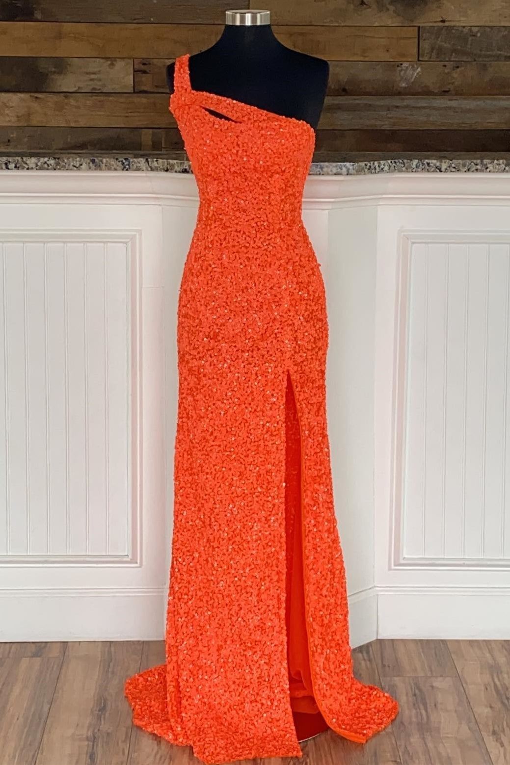Cross One Shoulder Neon Pink Sequins Mermaid Long Formal Dress