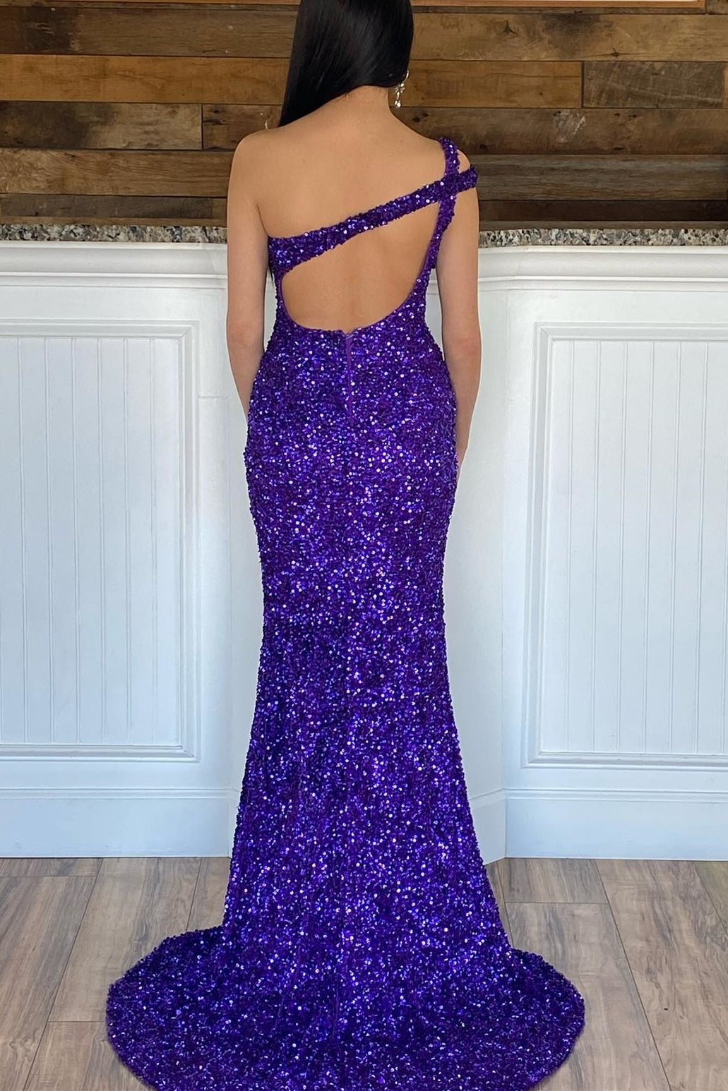 Cross One Shoulder Neon Pink Sequins Mermaid Long Formal Dress