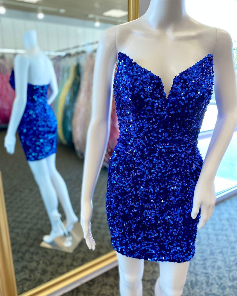 Royal Blue Sequin V Neck Bodycon Mini Party Dress