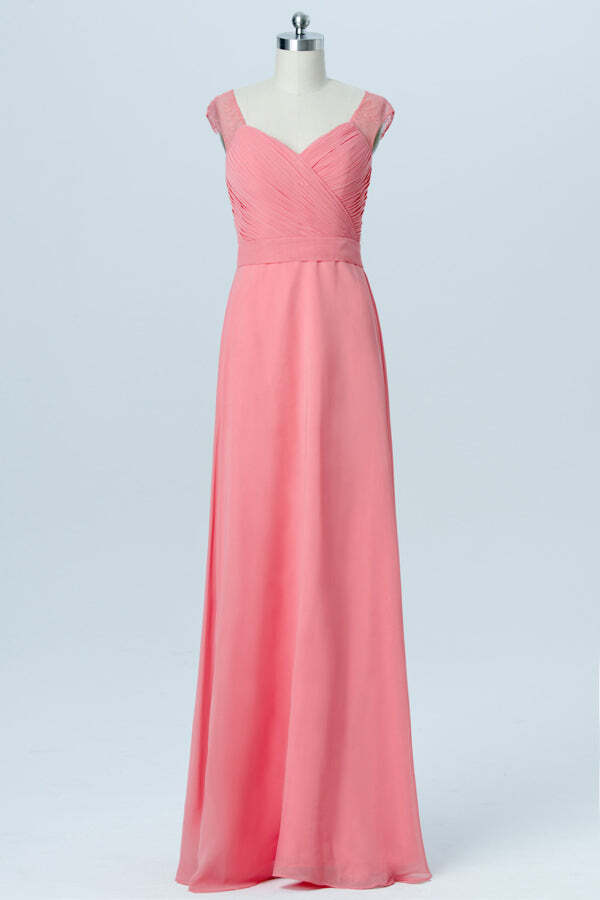 Elegant Coral Chiffon A-line Long Bridesmaid Dress with Lace Back