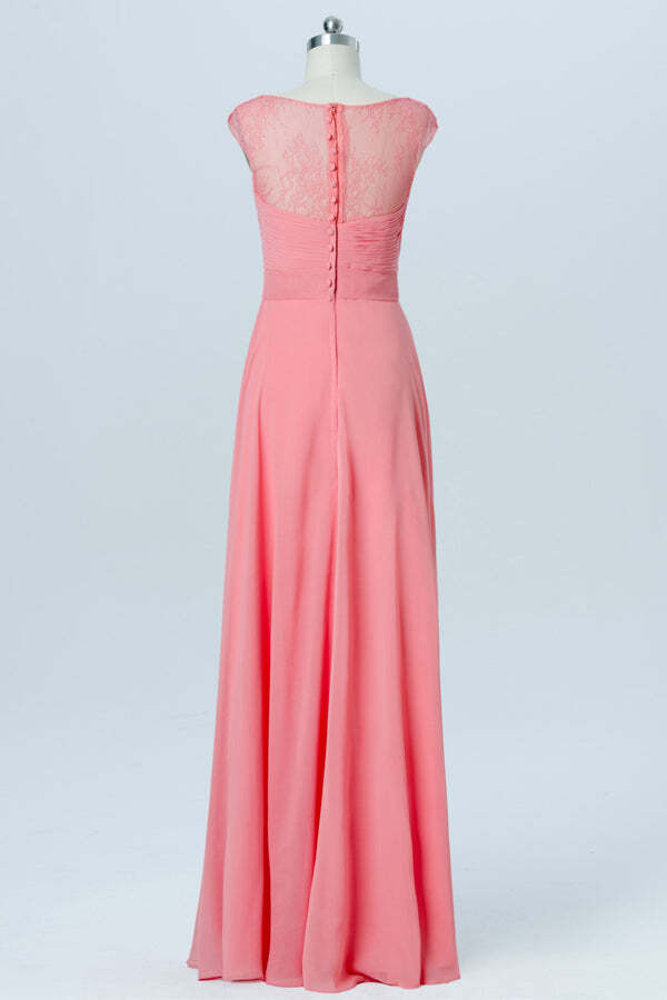 Elegant Coral Chiffon A-line Long Bridesmaid Dress with Lace Back
