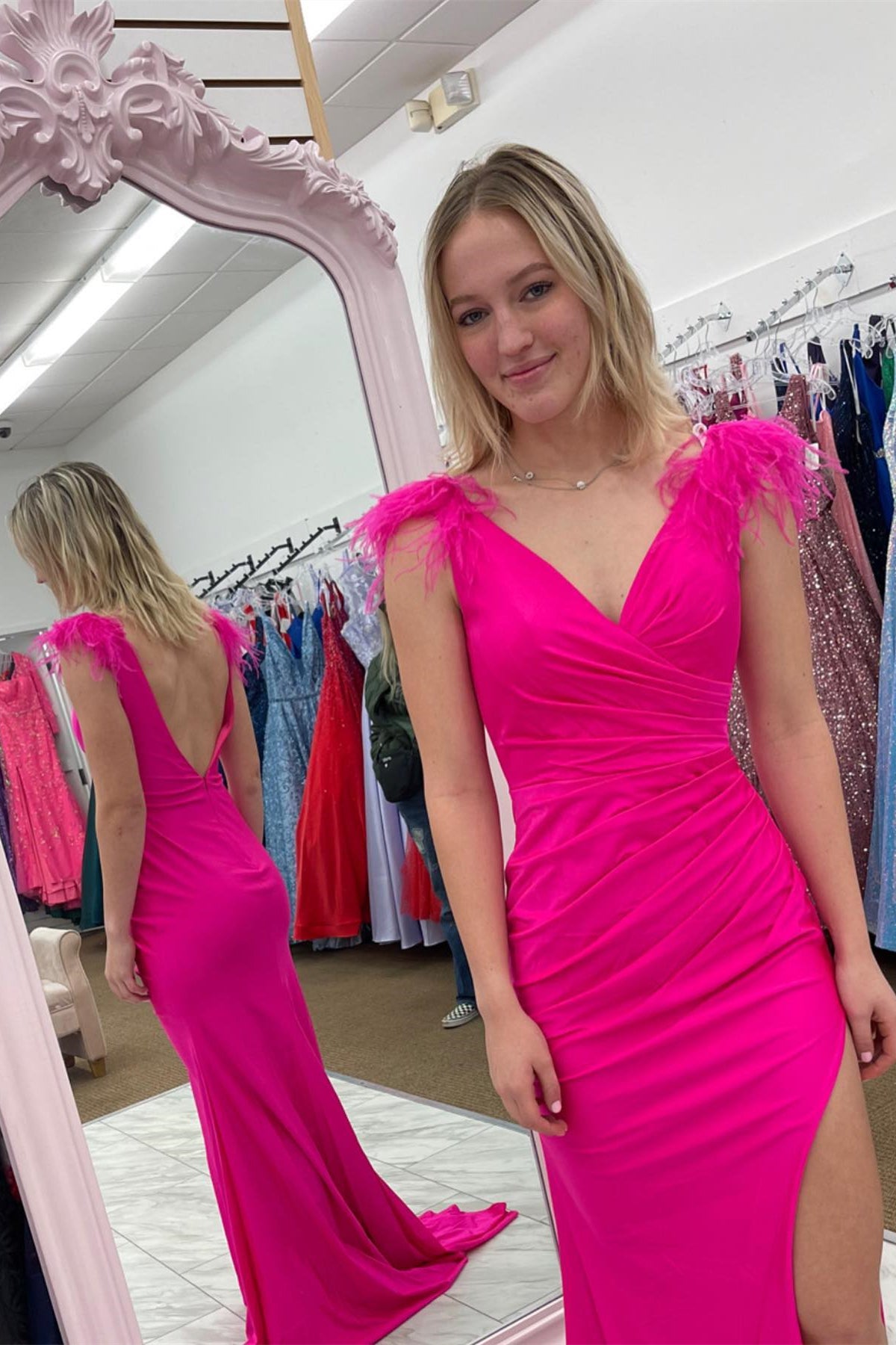 Elegant Hot Pink Mermaid Ruched Slit Formal Dress