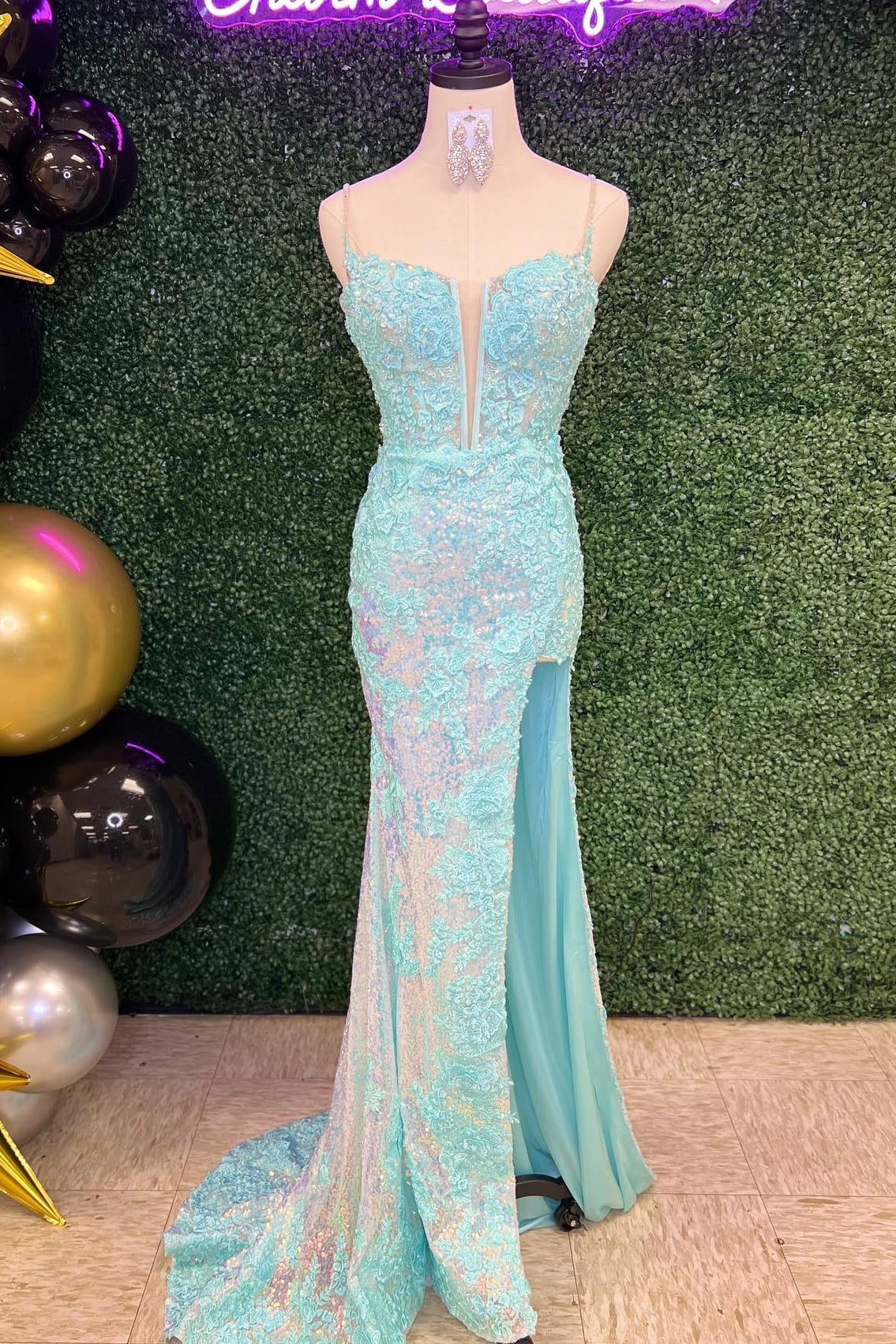 Elegant Blue Lace Mermaid Slit Long Prom Dress
