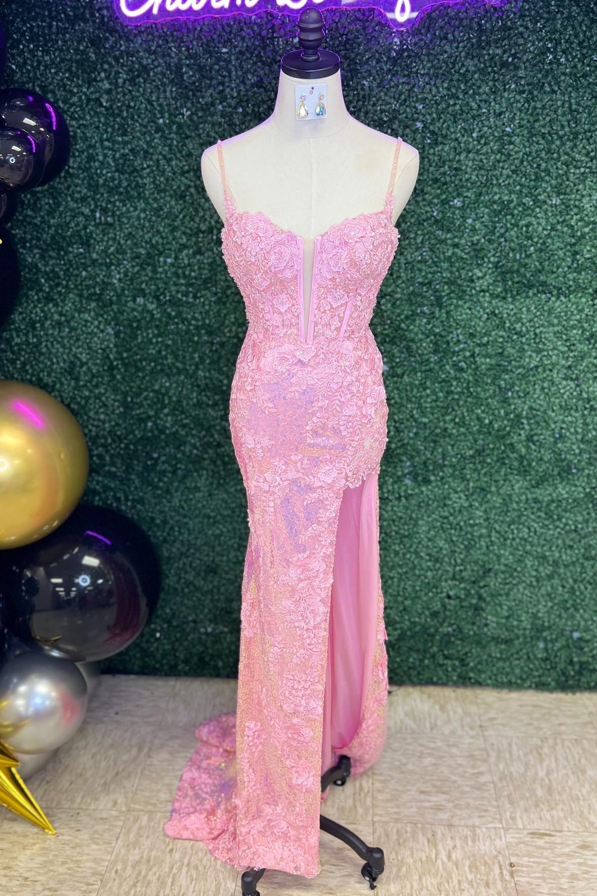 Elegant Pink Lace Mermaid Slit Long Prom Dress