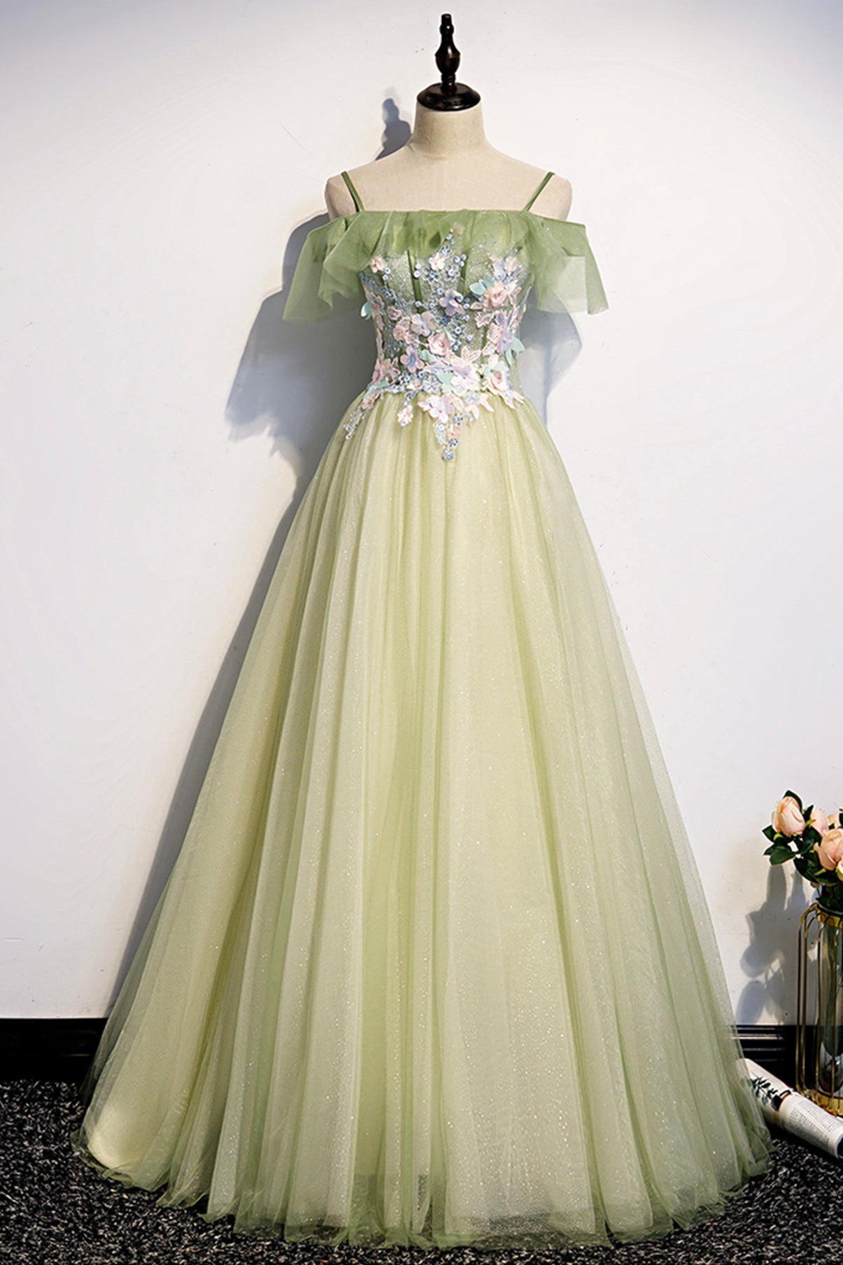 Fairy Off the Shoulder Green Floral Long Party Dress