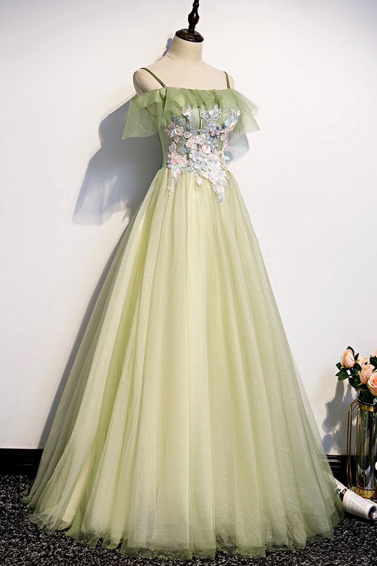 Fairy Off the Shoulder Green Floral Long Party Dress