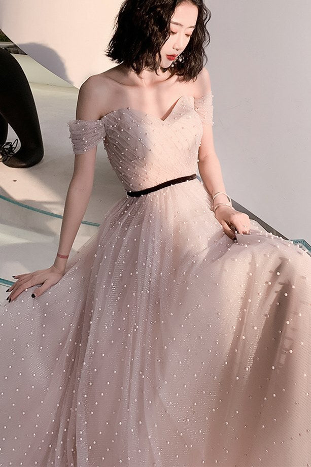 Fairy Off the Shoulder Pink Pearls Long Formal Dress