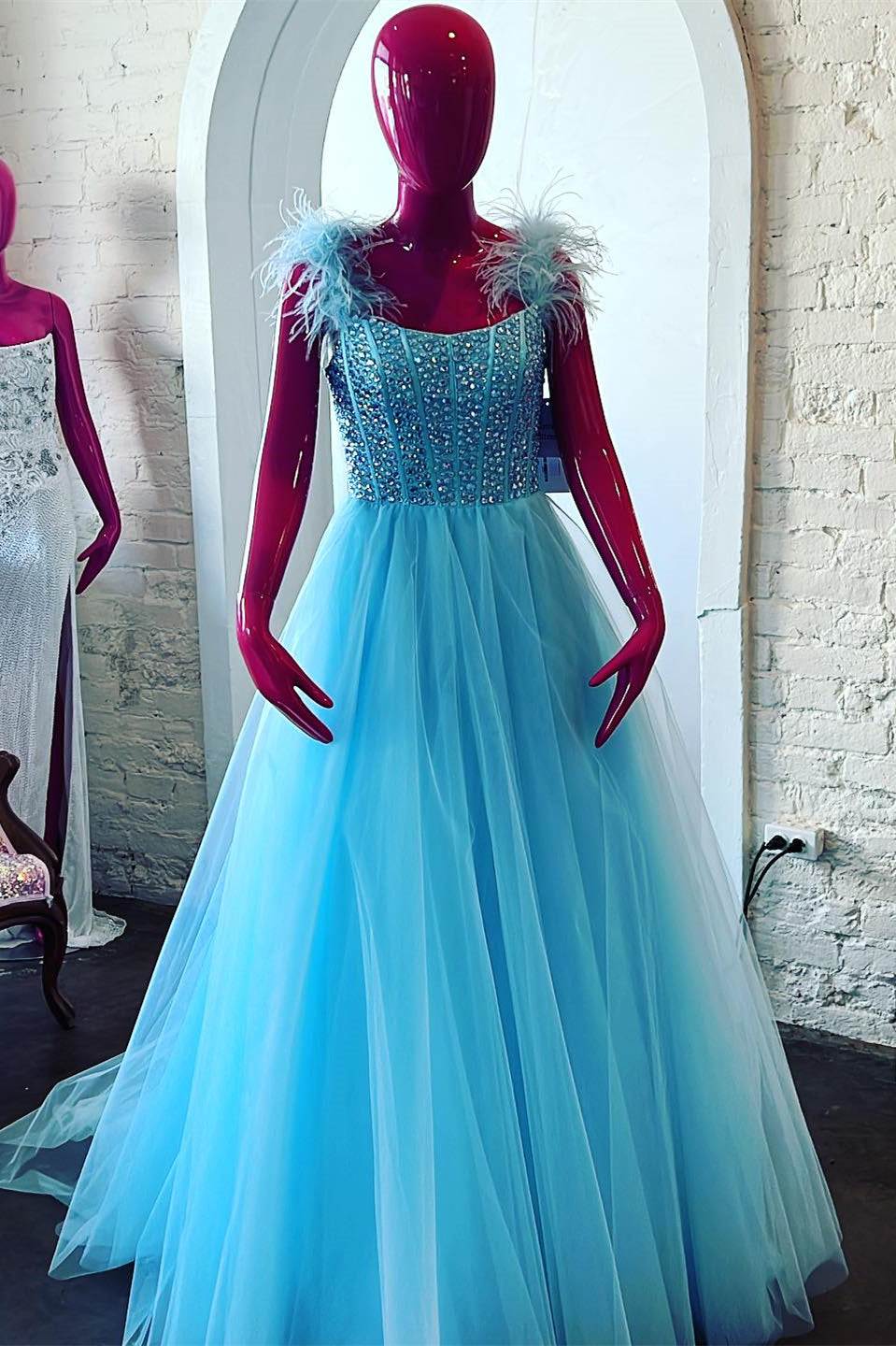 Feather Straps Beaded Blue Tulle Long Formal Dress
