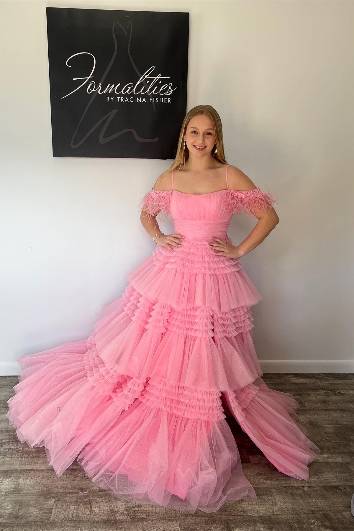 Feather Straps Pink Tiered Ruffle Long Formal Dress