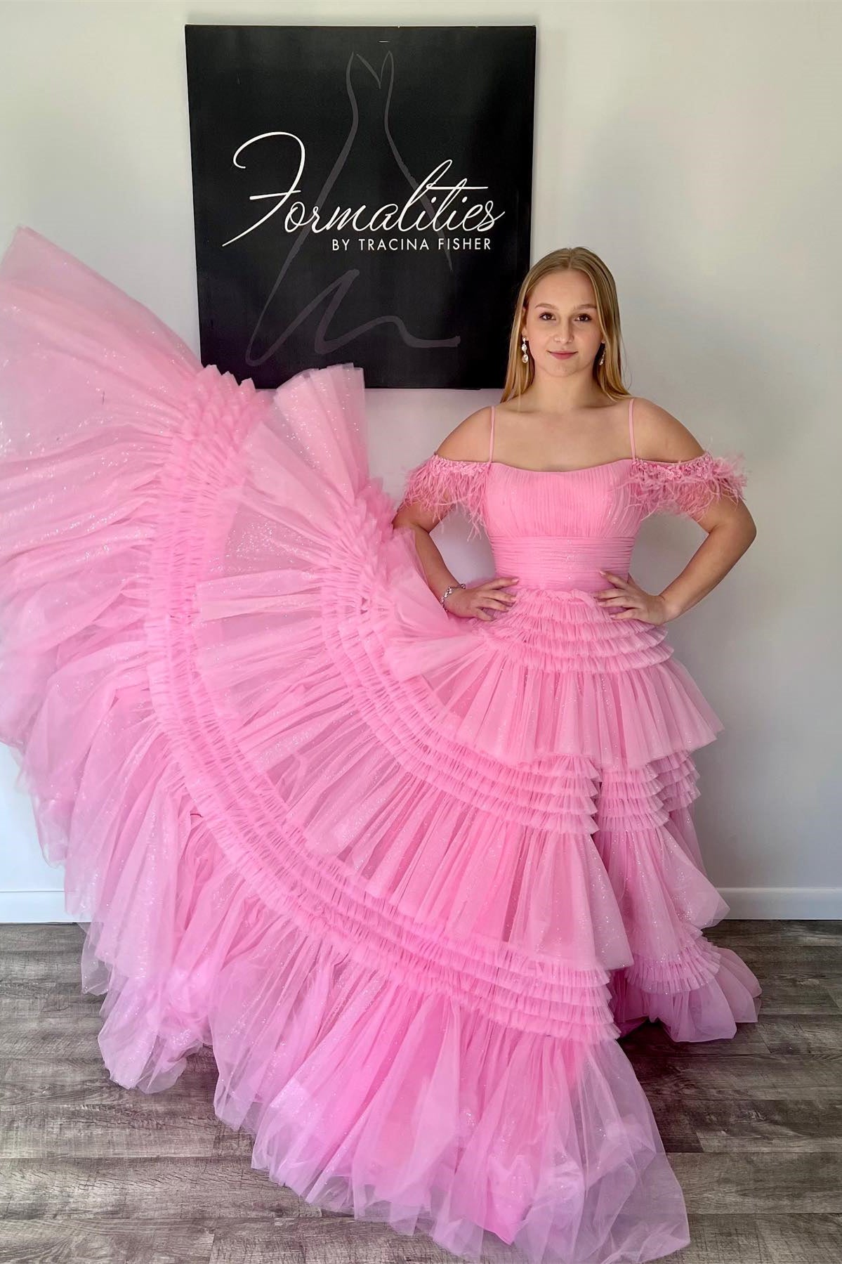 Feather Straps Pink Tiered Ruffle Long Formal Dress