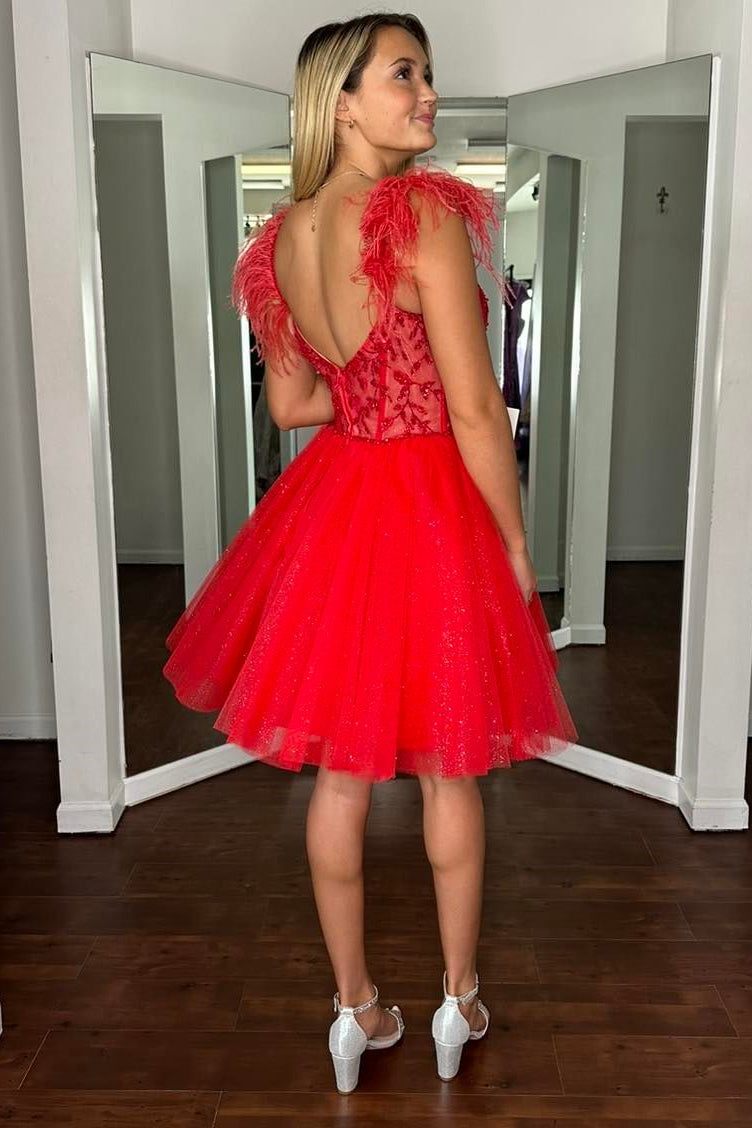Feather Straps Red Beaded A-line Short Homecoming Dress