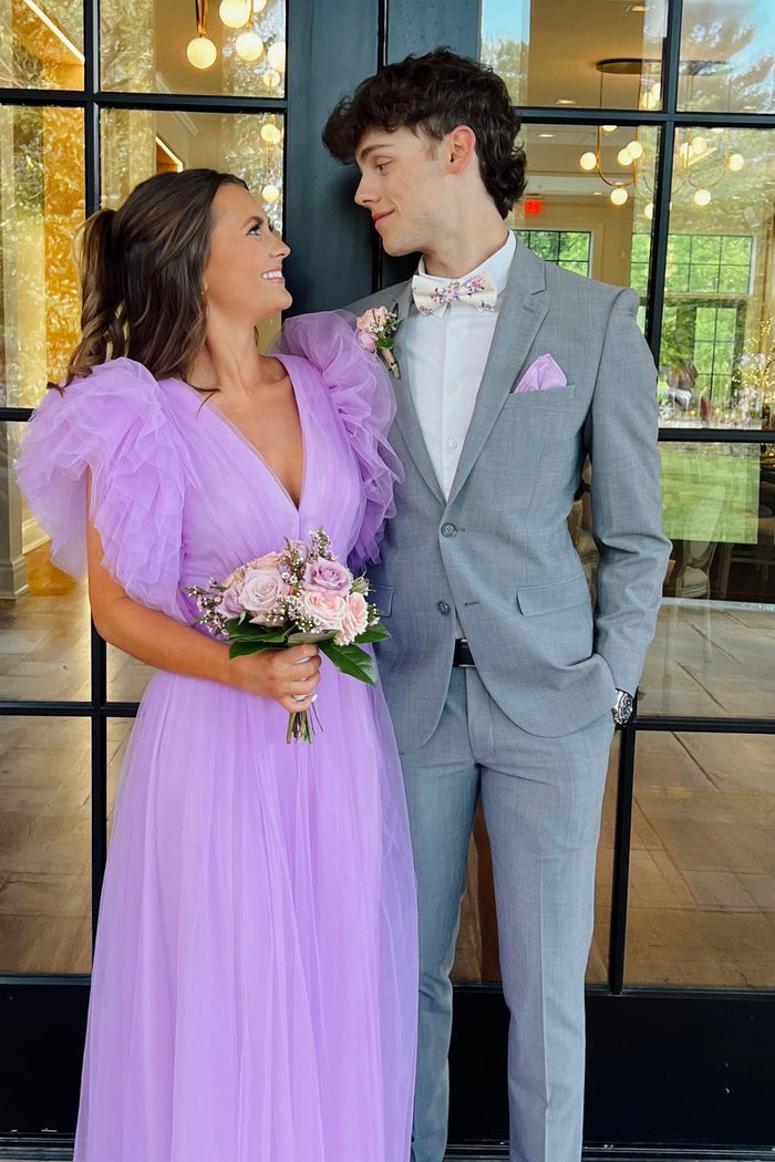 Taro Purple Pleated Metallic Satin Short Ruffle Sleeves Formal Dress main image 1
