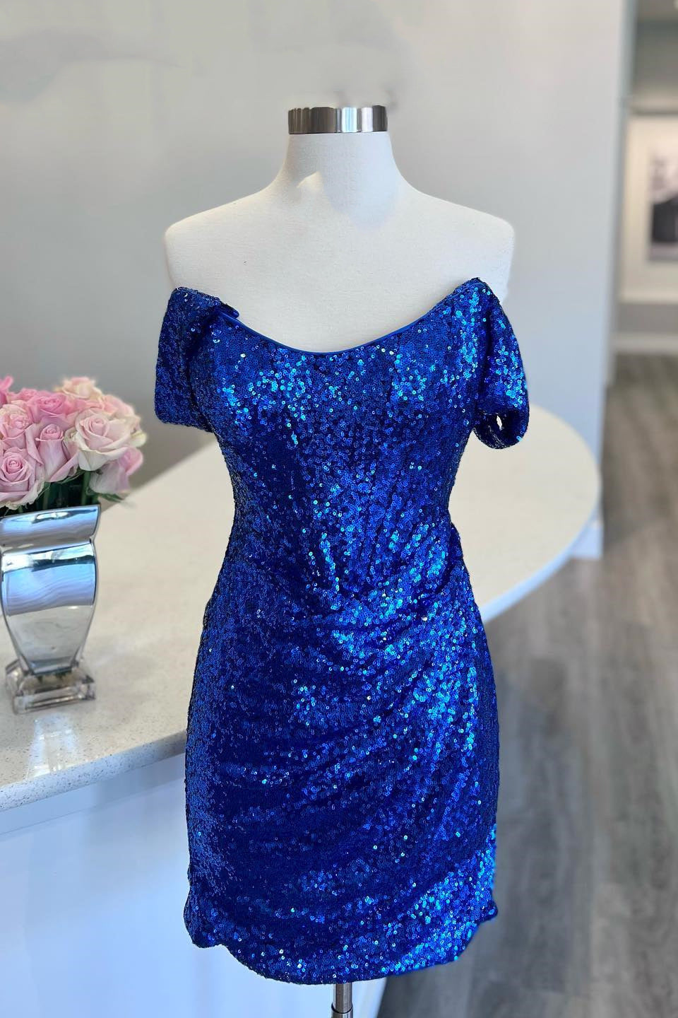 Royal Blue Sequin Off the Shoulder Bodycon Mini Party Dress