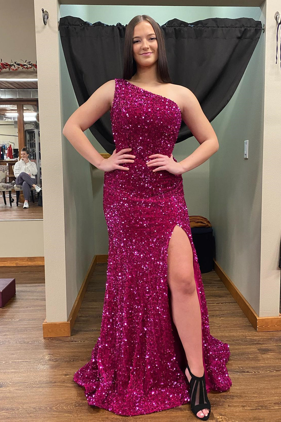 Fuchsia Sequin One Shoulder Mermaid Long Prom Dress with Slit 