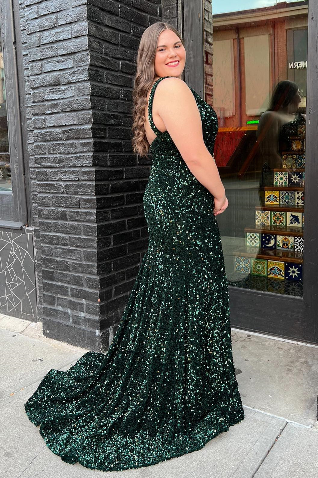Dark Green Sequin One Shoulder Mermaid Long Prom Dress with Slit 