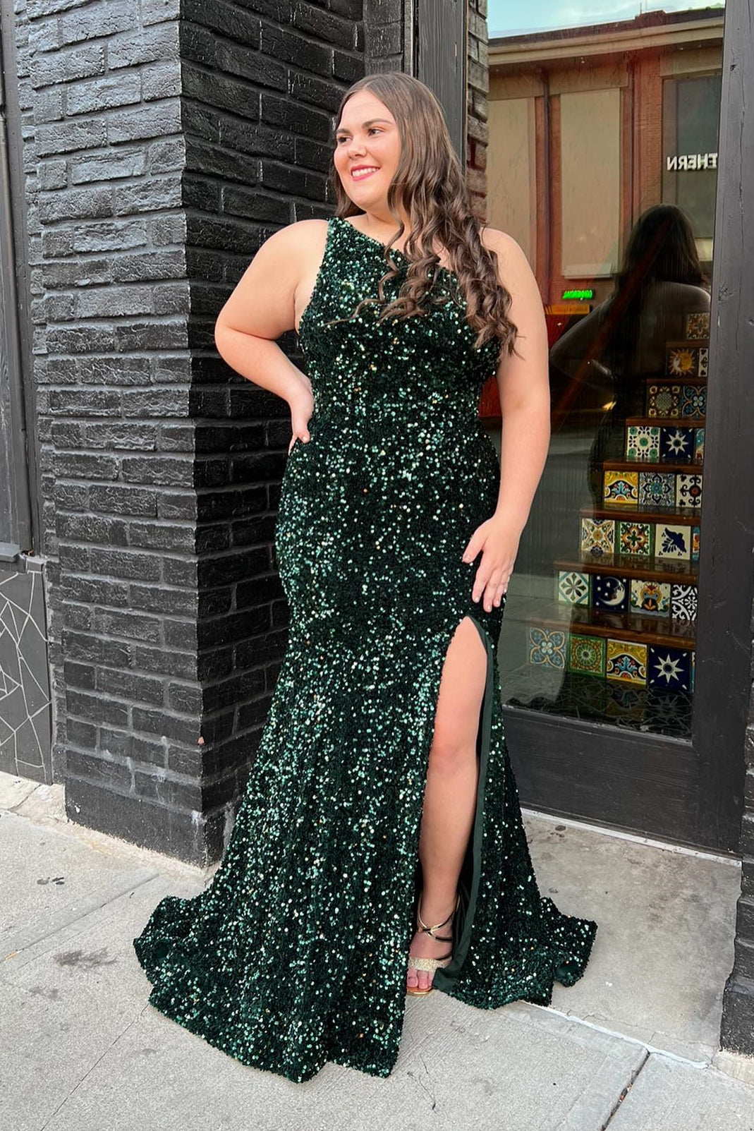 Dark Green Sequin One Shoulder Mermaid Long Prom Dress