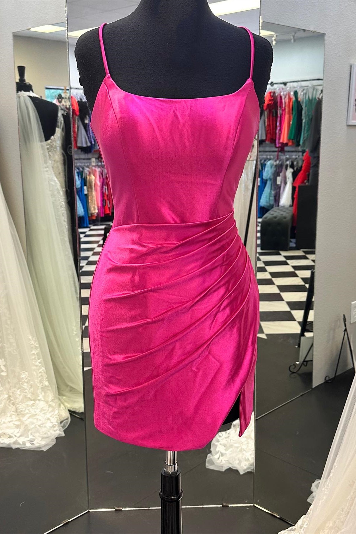 Fuchsia Straps Ruched Bodycon Mini Dress