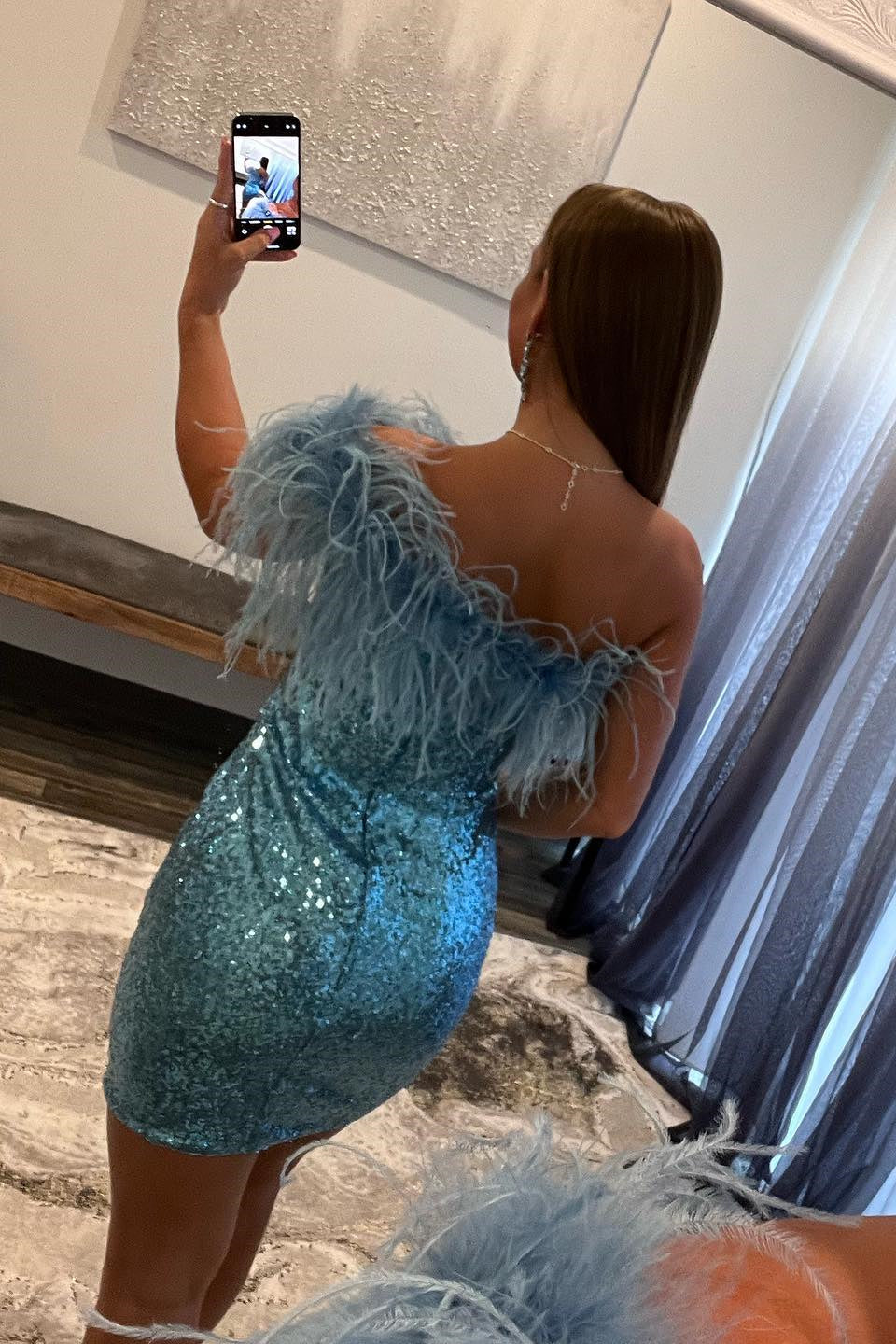 Fur One Shoulder Blue Sequin Bodycon Homecoming Dress