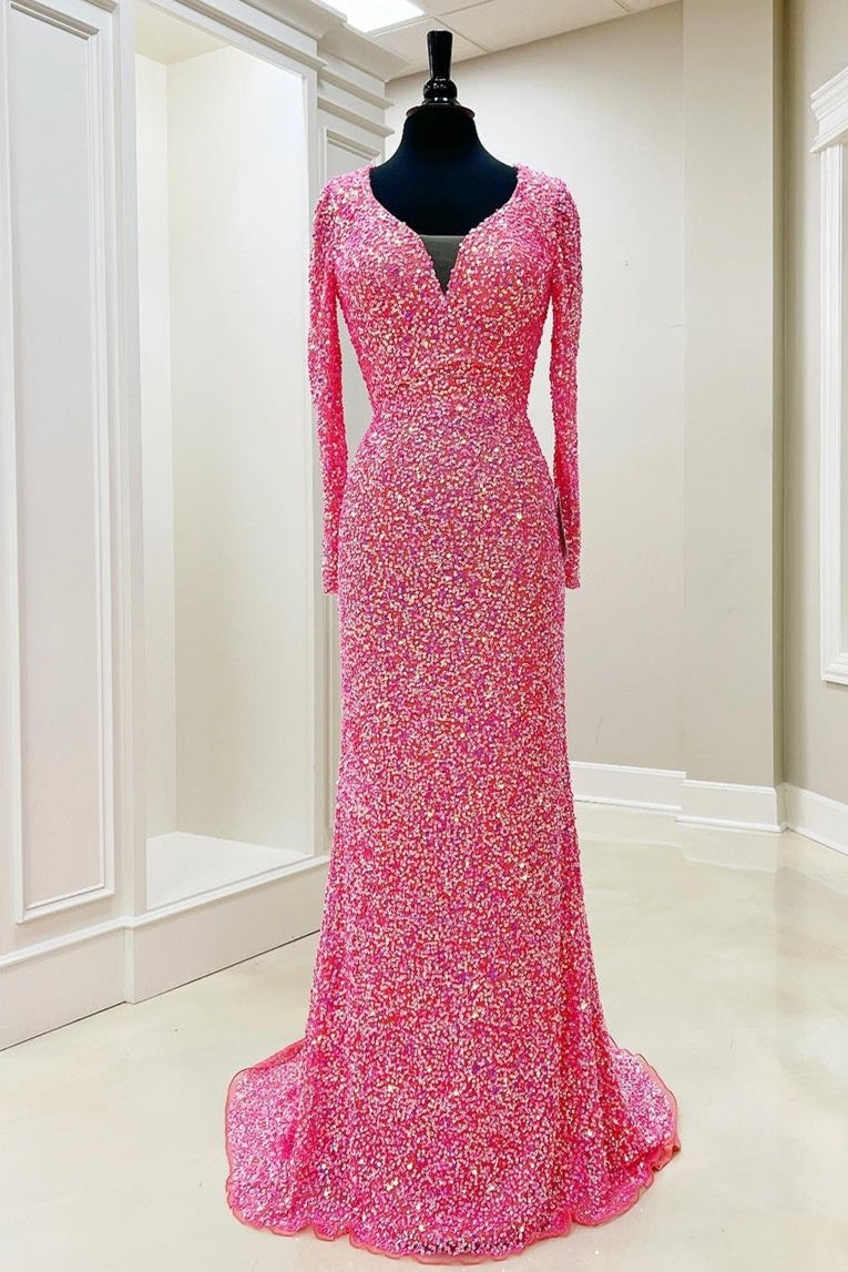 Glitter Pink Sequin Long Sleeves Mermaid Formal Dress