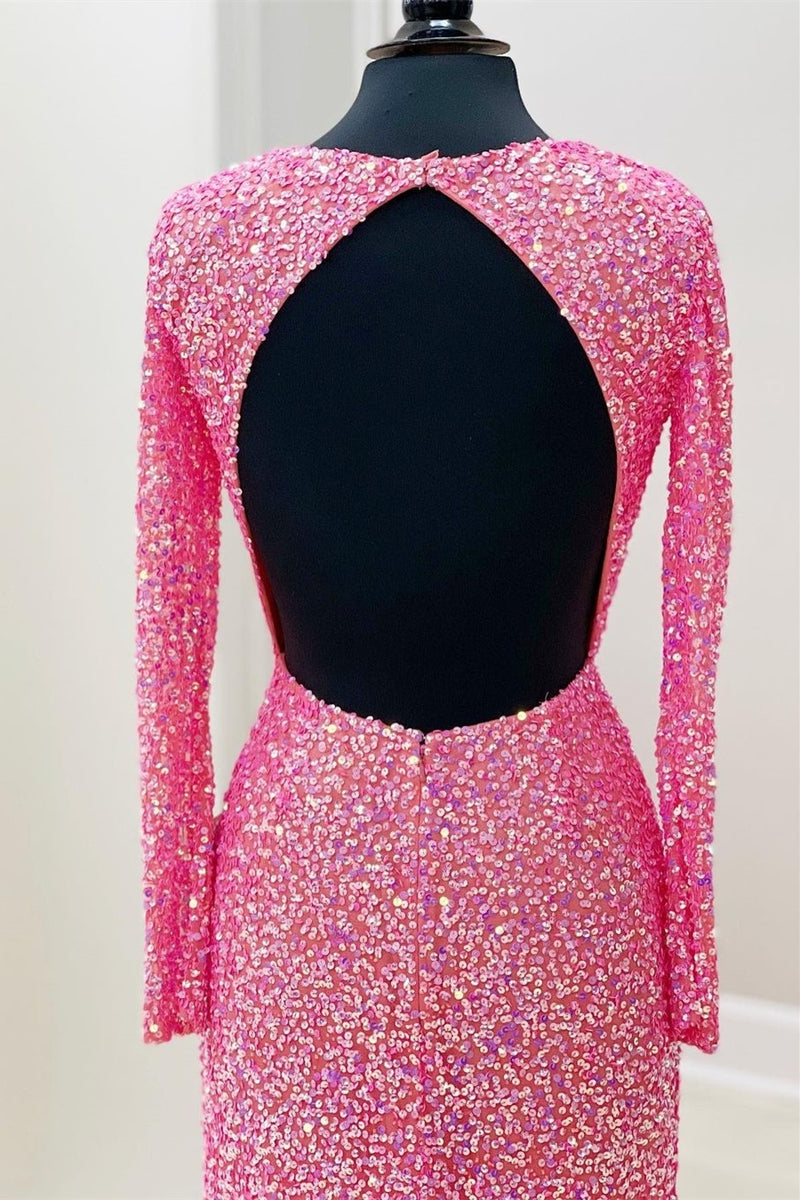 Glitter Pink Sequin Long Sleeves Mermaid Formal Dress