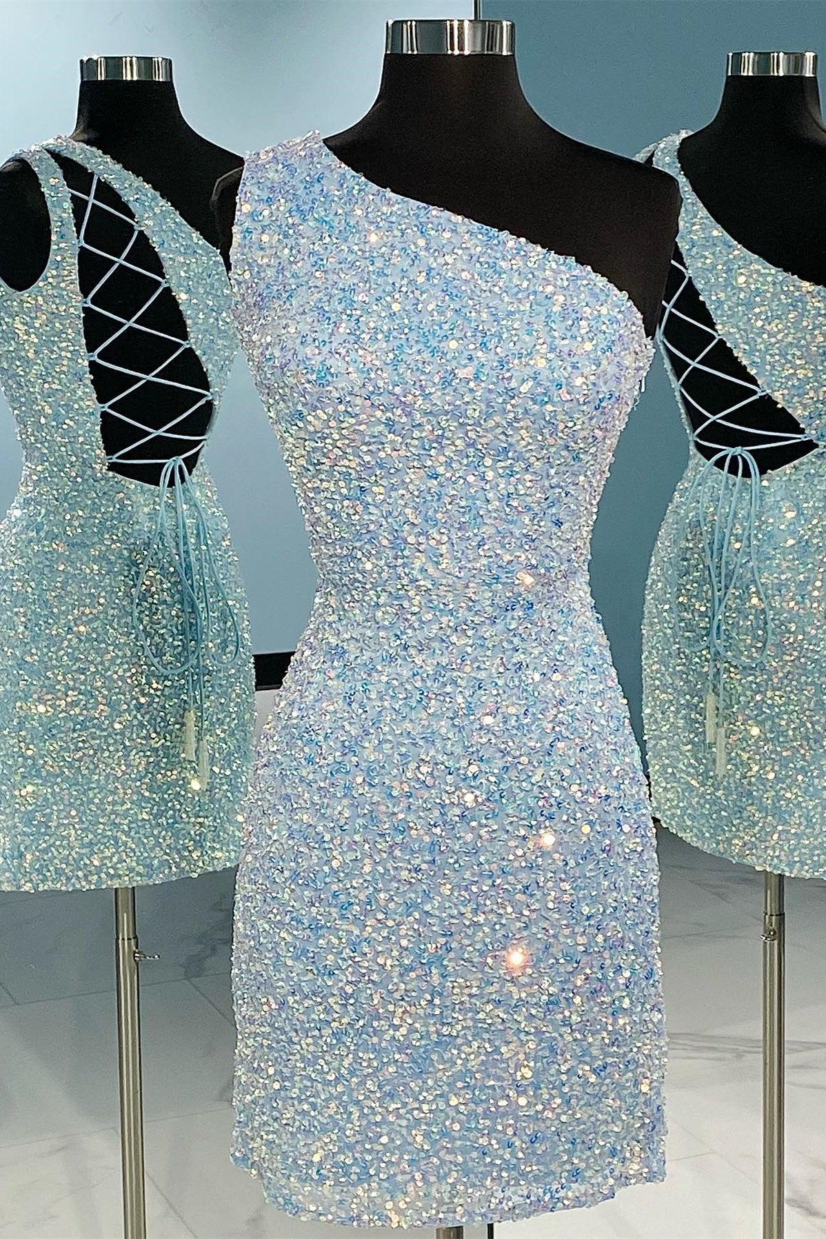 Glitter Blue Sequin Bodycon Short Homecoming Dress