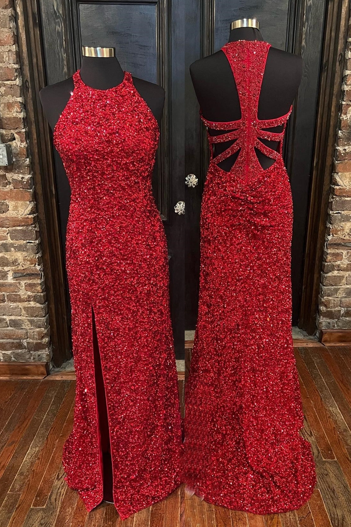 Glitters Red Sequin Mermaid Jewel Long Formal Dress