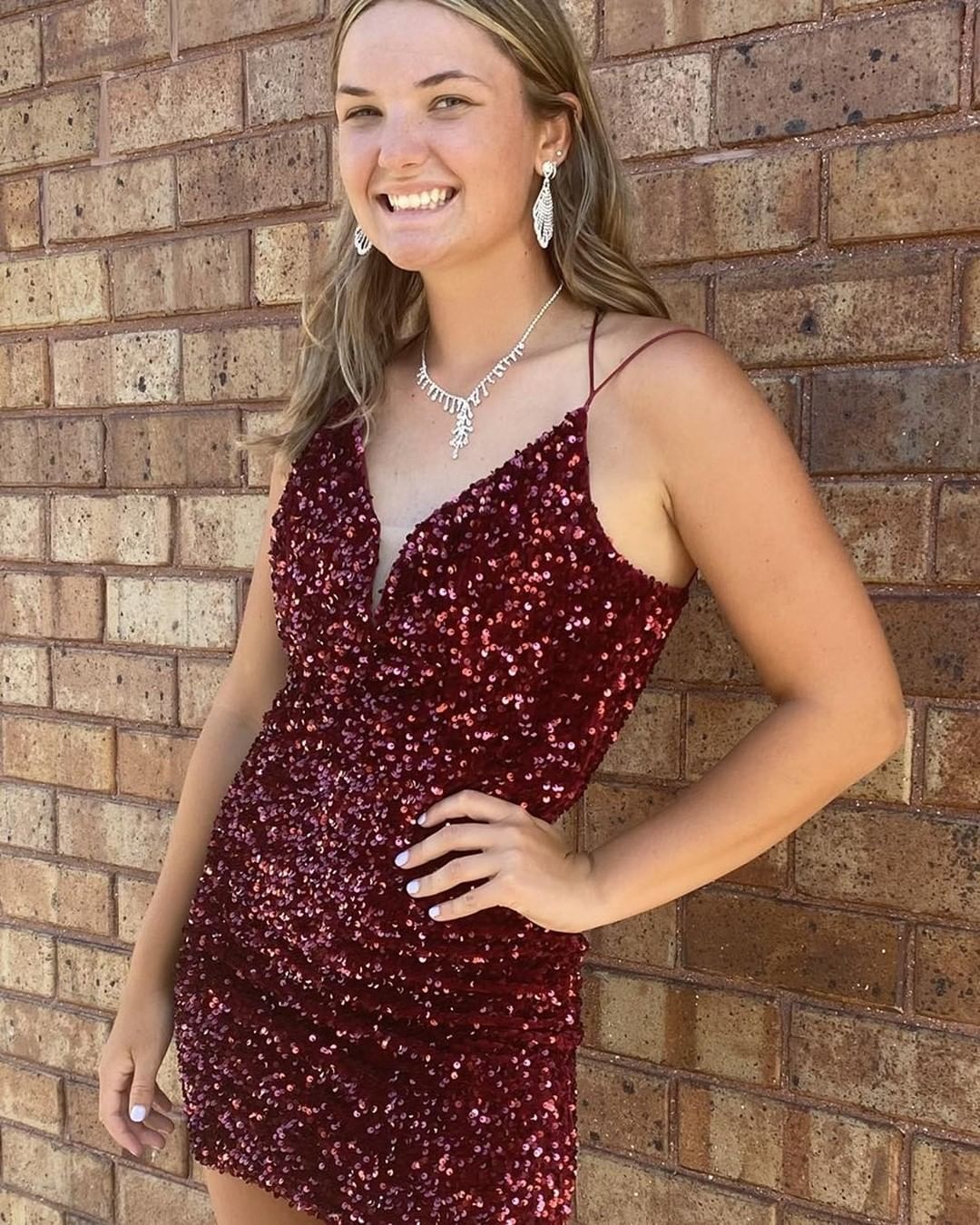 Glitters Burgundy Sequin Fitted Mini Homecoming Dress