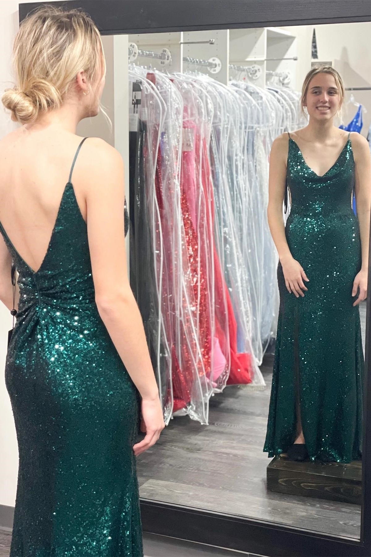 Glitters Dark Green Sequin Mermaid Long Formal Dress with Cowl Neck