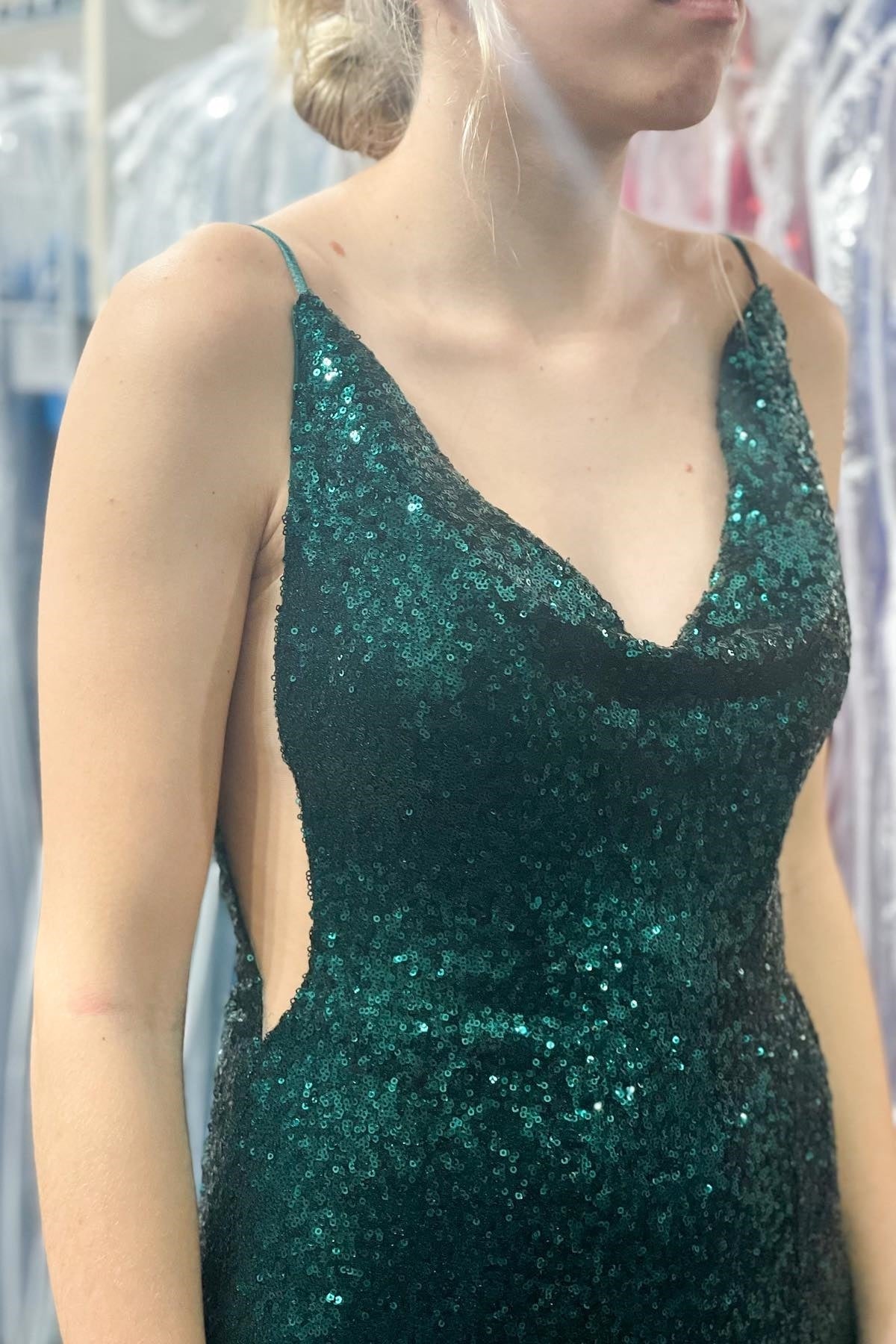 Glitters Dark Green Sequin Mermaid Long Formal Dress with Cowl Neck