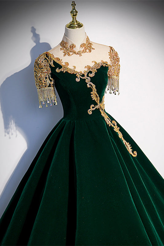 Gorgeous Dark Green A-line Long Formal Gown with Gold High Neck