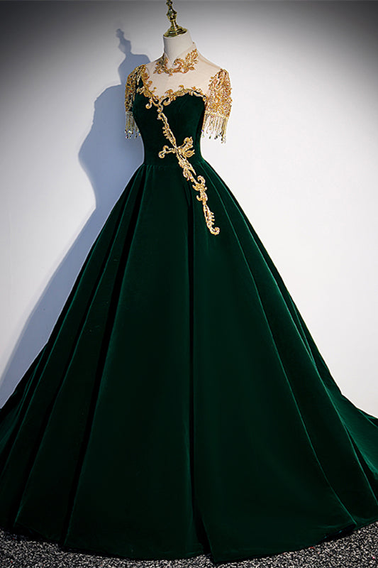 Gorgeous Dark Green A-line Long Formal Gown with Gold High Neck