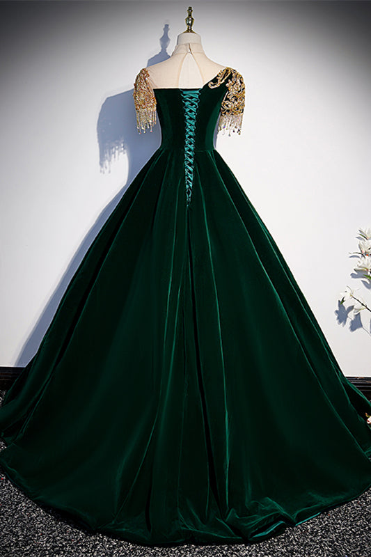 Gorgeous Dark Green A-line Long Formal Gown with Gold High Neck
