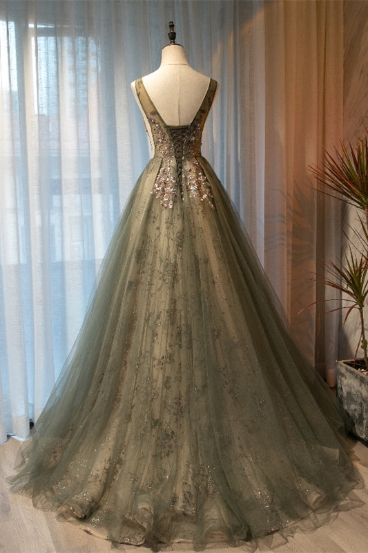 Elegant Plam Green Beaded Long Formal Dress