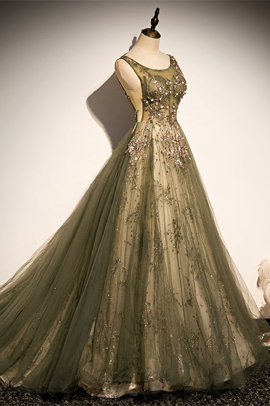 Elegant Plam Green Beaded Long Formal Dress