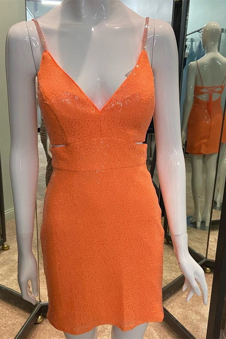 Gorgeous Orange Sequin V Neck Bodycon Mini Party Dress