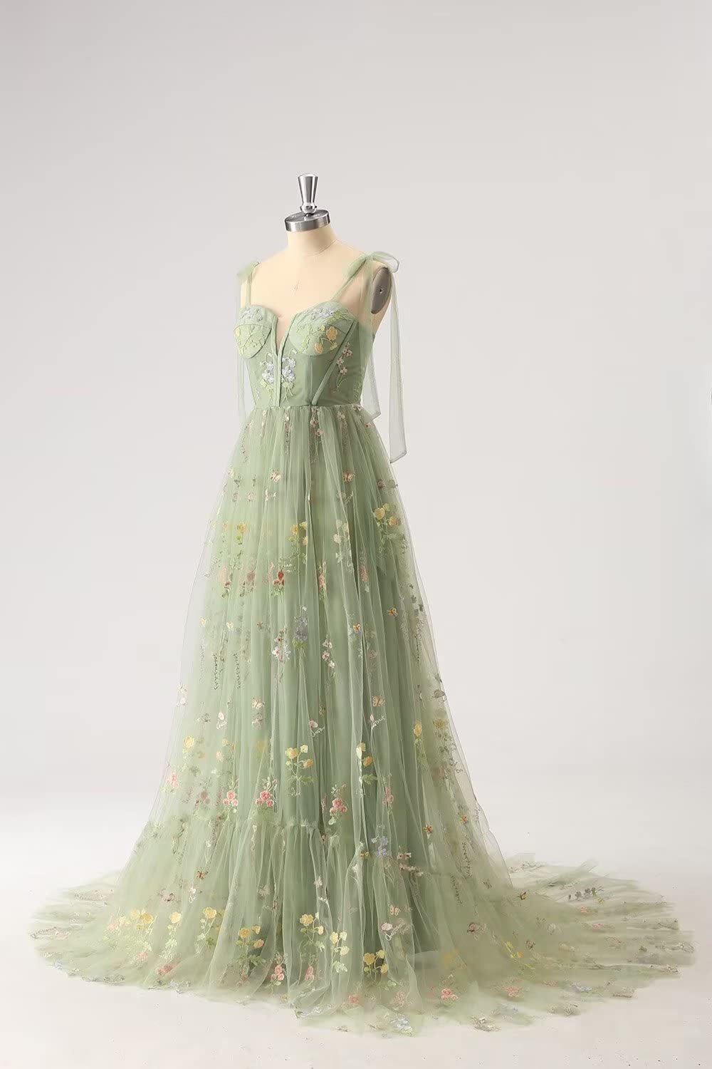 Green Floral A-line Long Formal Dress with Shoulders
