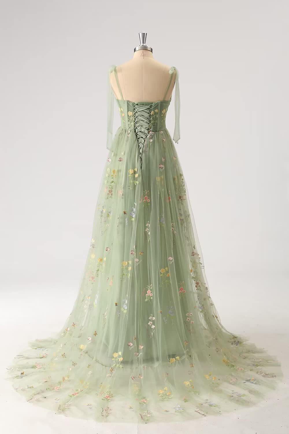 Green Floral A-line Long Formal Dress with Shoulders