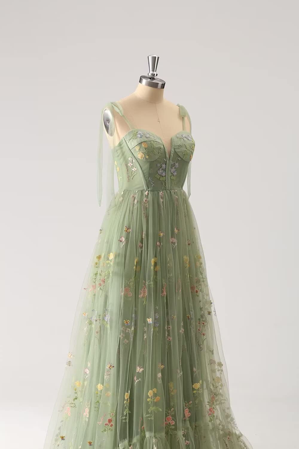 Green Floral A-line Long Formal Dress with Shoulders