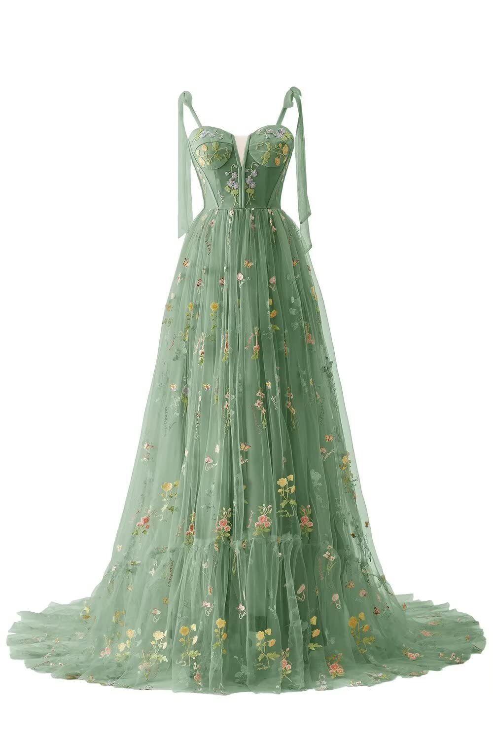 Green Floral A-line Long Formal Dress with Shoulders