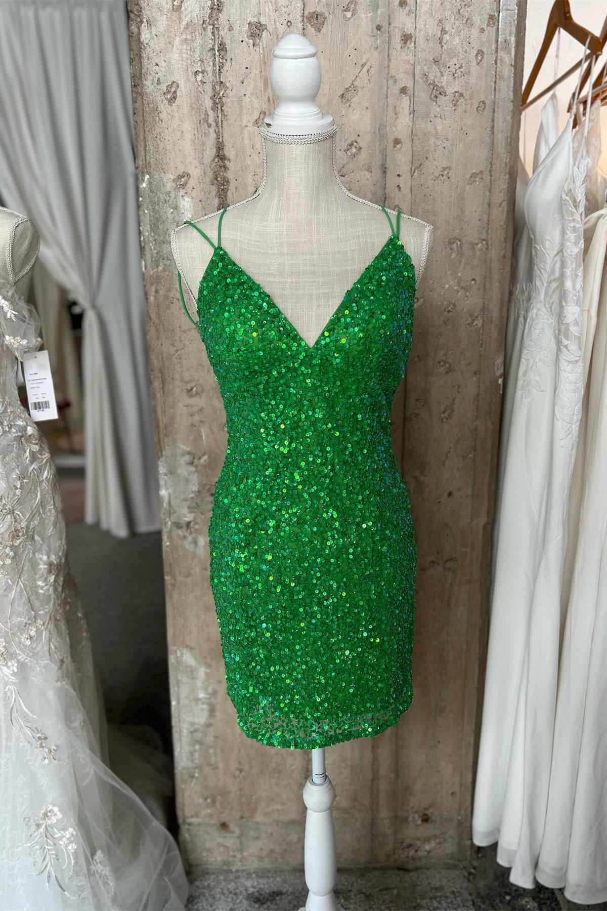 Green Sequin Bodycon Mini Dress with Straps
