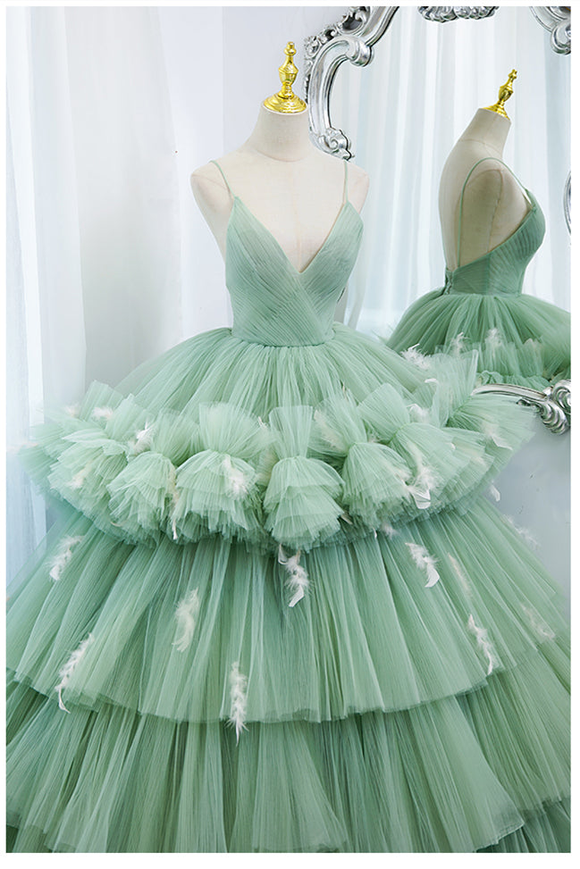 Green Spaghetti Straps Tiered Ruffles Long Ball Gown 