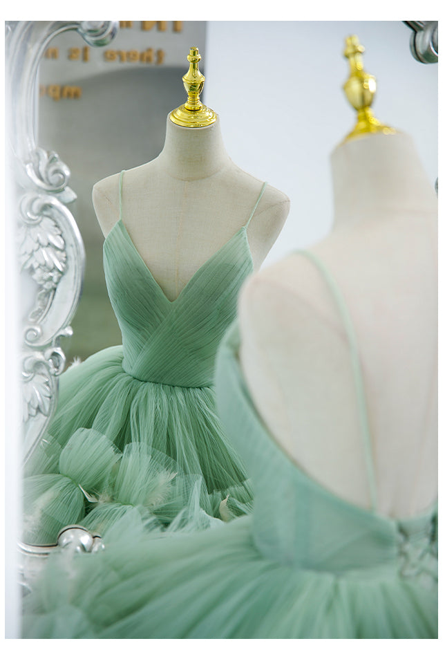 Green Spaghetti Straps Tiered Ruffles Long Ball Gown 