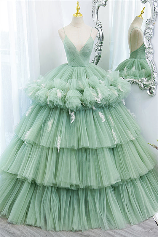 Green Spaghetti Straps Tiered Ruffles Long Ball Gown 