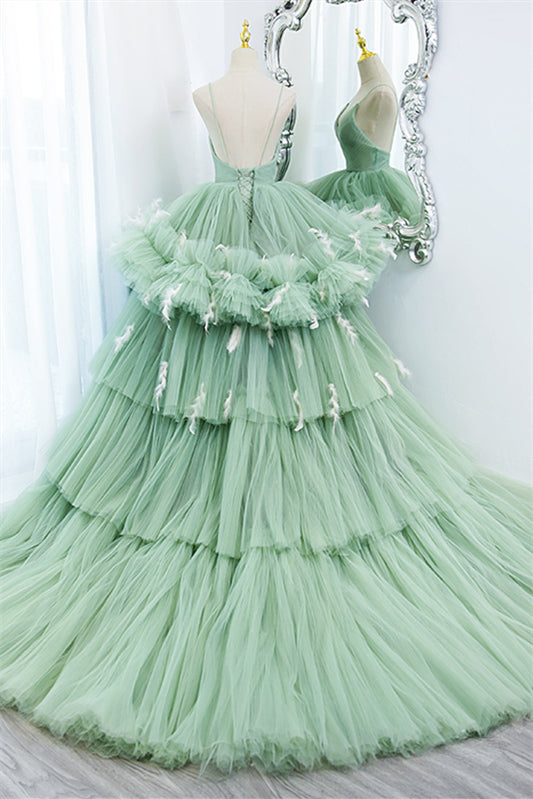 Green Spaghetti Straps Tiered Ruffles Long Ball Gown 